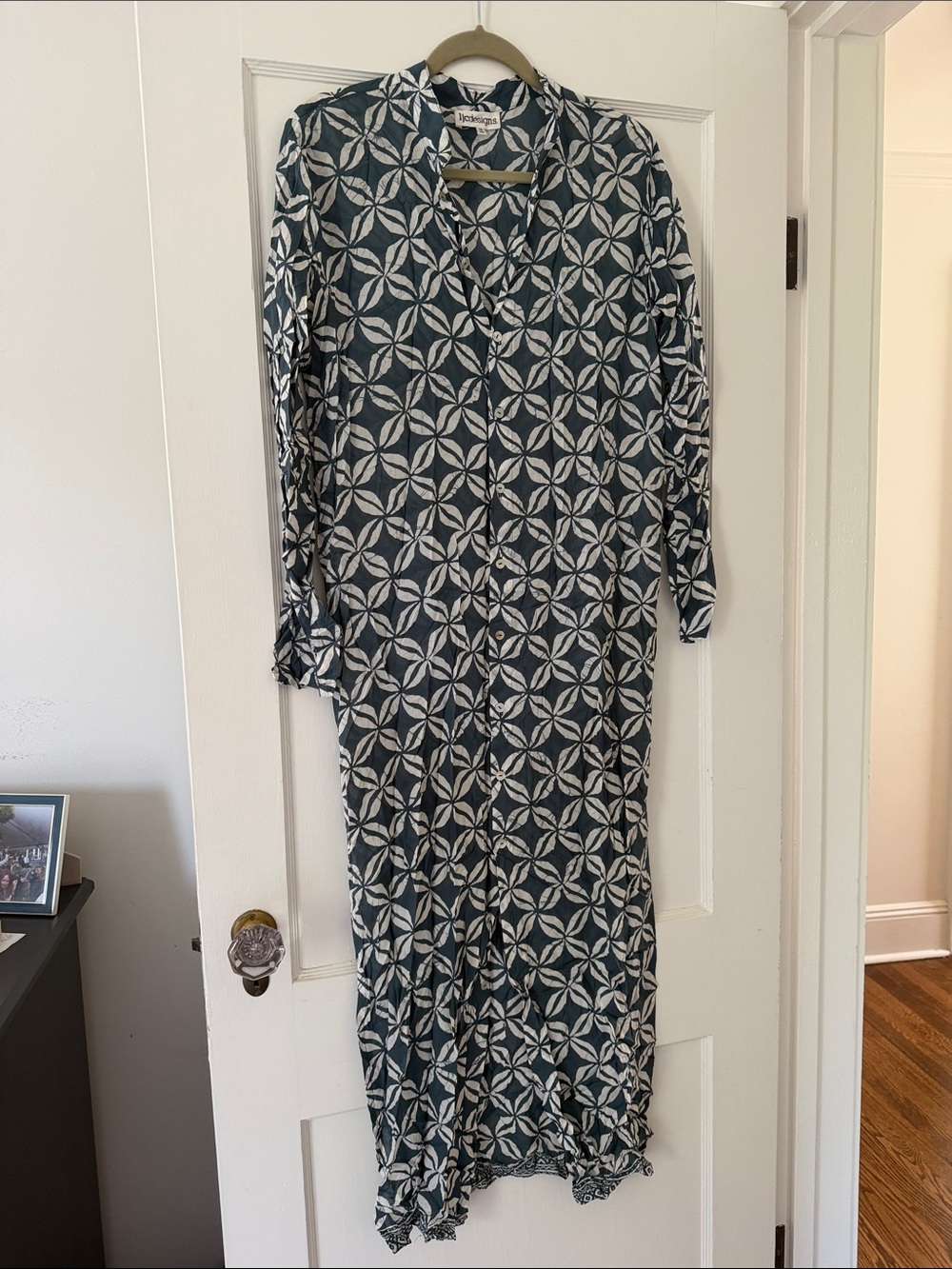 Long Navy & White Printed Women's Shirt Dress